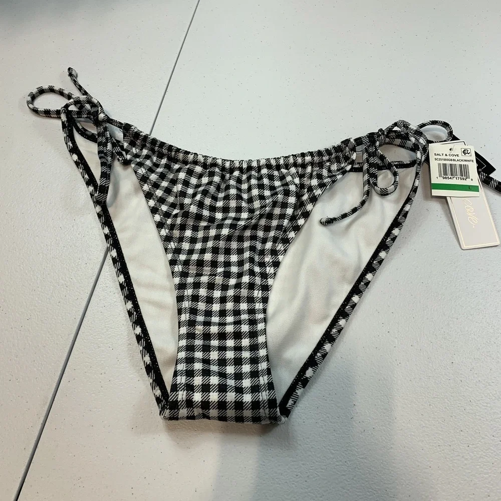 Salt & Cove Junior's Swim Bikini Bottom L Black White Gingham Plaid Tie Side